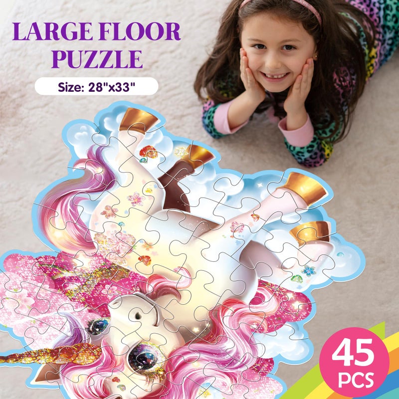 IFLOVE Jumbo Shimmery Floor Puzzle for Kids Unicorn Jigsaw Large Puzzles 45 Piece Unicorn Puzzle for Toddler Ages 3-5 Children Learning Preschool Educational Toys Birthday Gift for 4-8 Years Old - Image 2